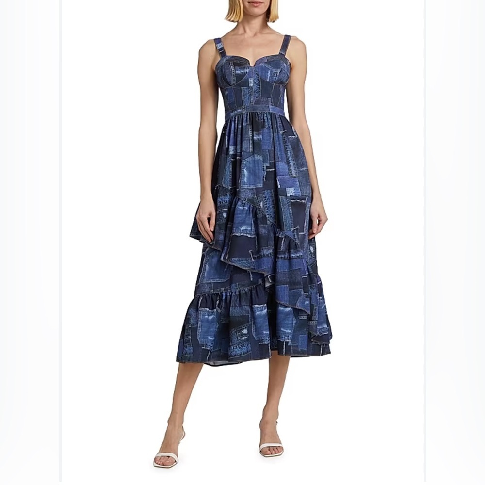 Cinq à Sept Jordyn Navy blue Patchwork tiered ruffle Midi cocktail Dress size 6